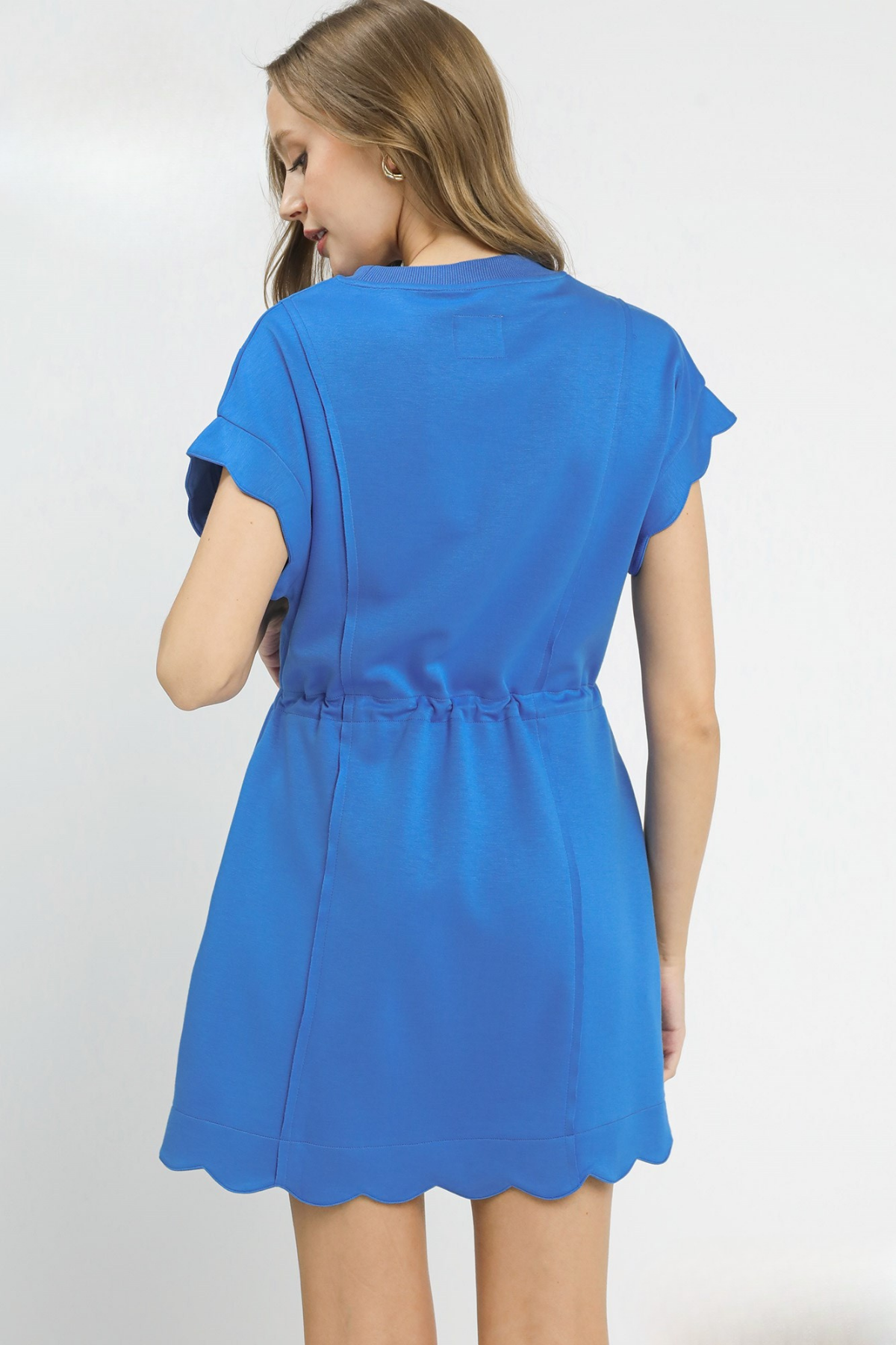 Scallop Hem Drawstring Dress - Blue