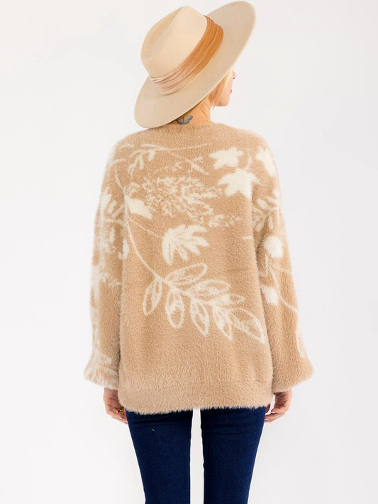 Fuzzy Leaf Print Sweater
