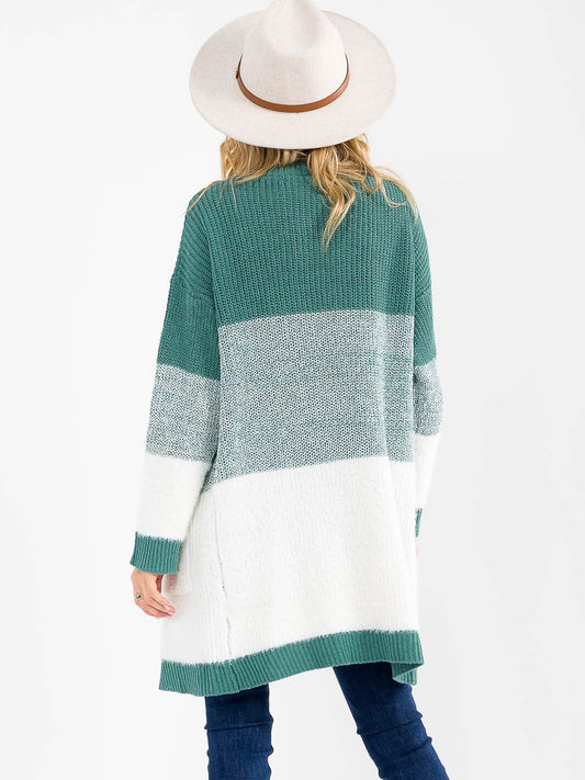 Colorblock Open Front Cardigan - Green