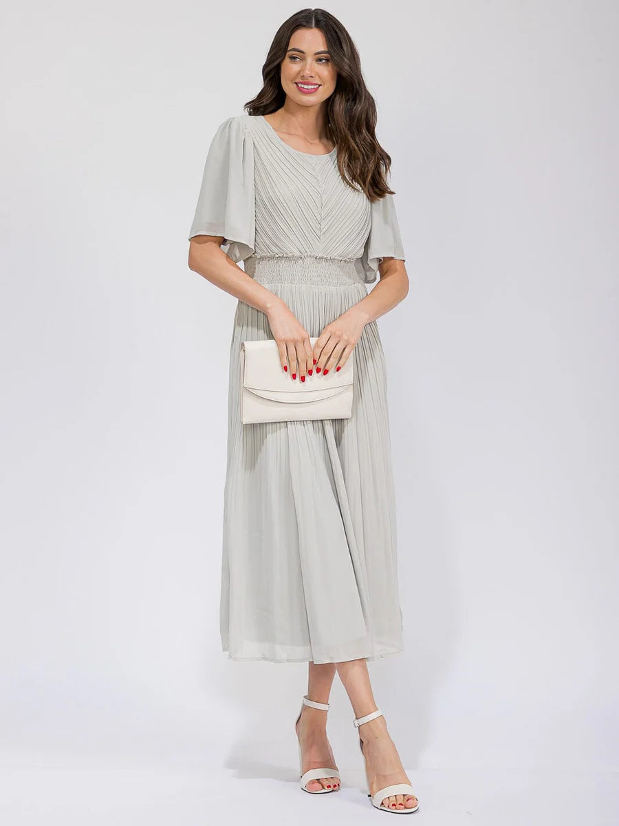 Smocked Waist Pleated Dress - Light Sage