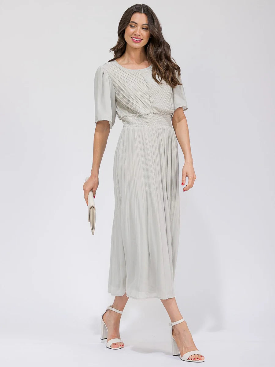 Smocked Waist Pleated Dress - Light Sage