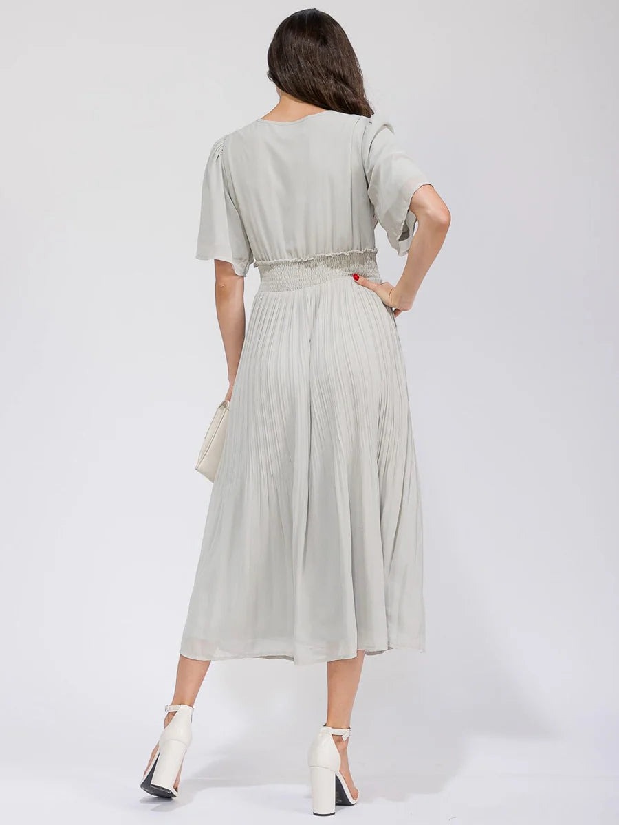 Smocked Waist Pleated Dress - Light Sage