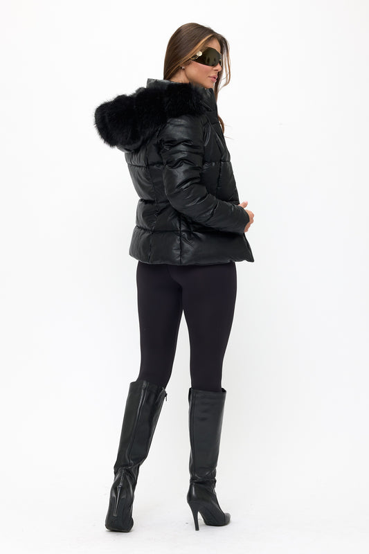 Mixed Media Puffer Coat - Black