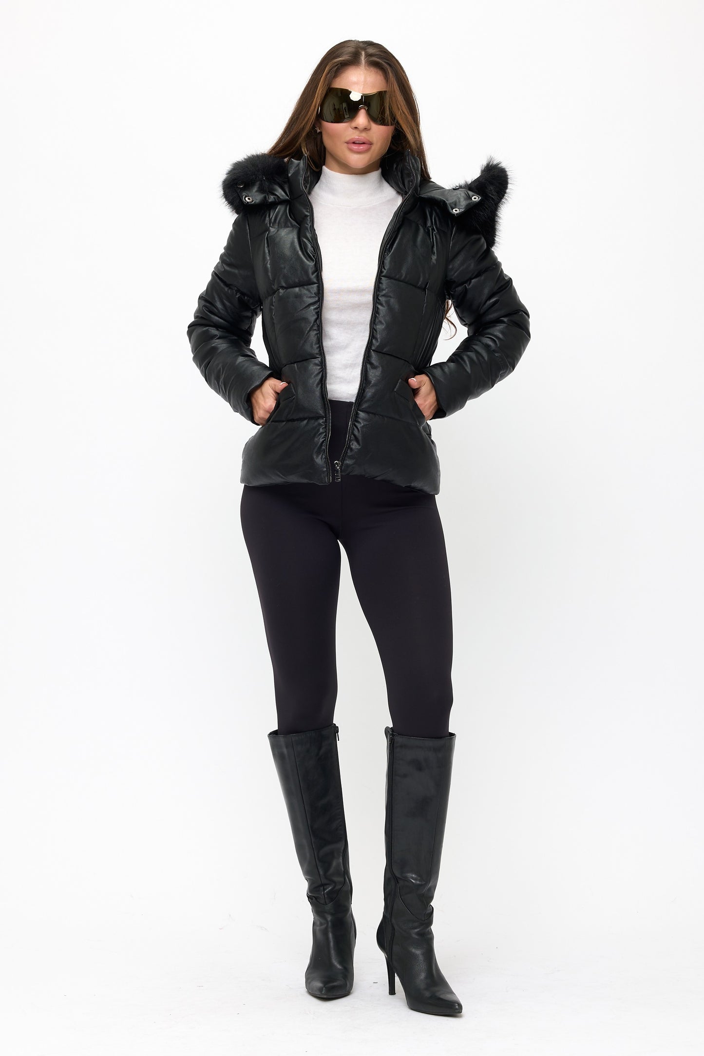 Mixed Media Puffer Coat - Black