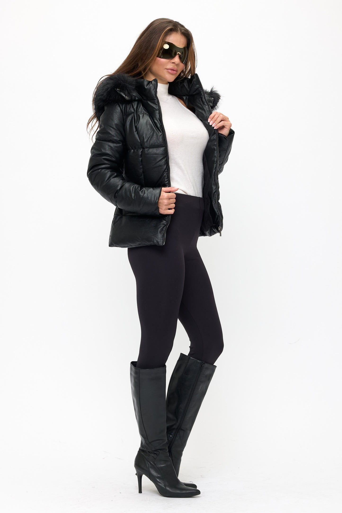 Mixed Media Puffer Coat - Black