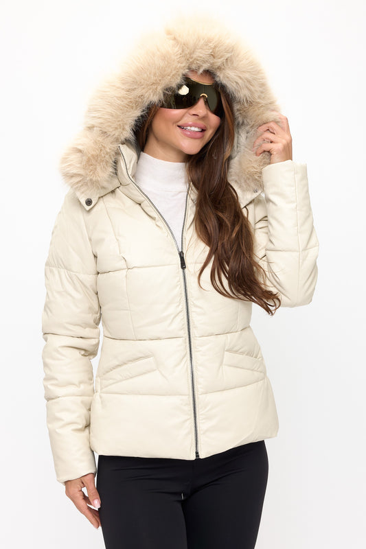 Mixed Media Puffer Coat - Cream