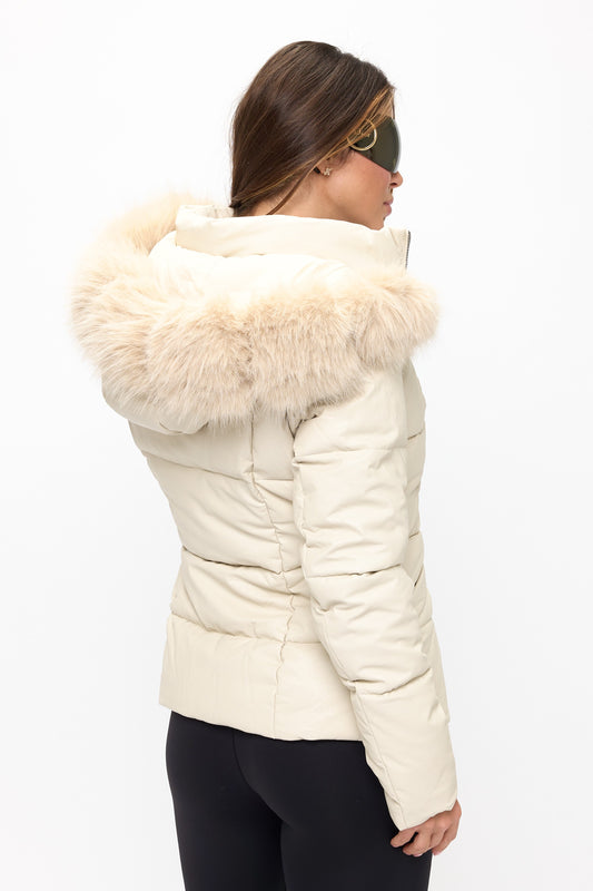 Mixed Media Puffer Coat - Cream