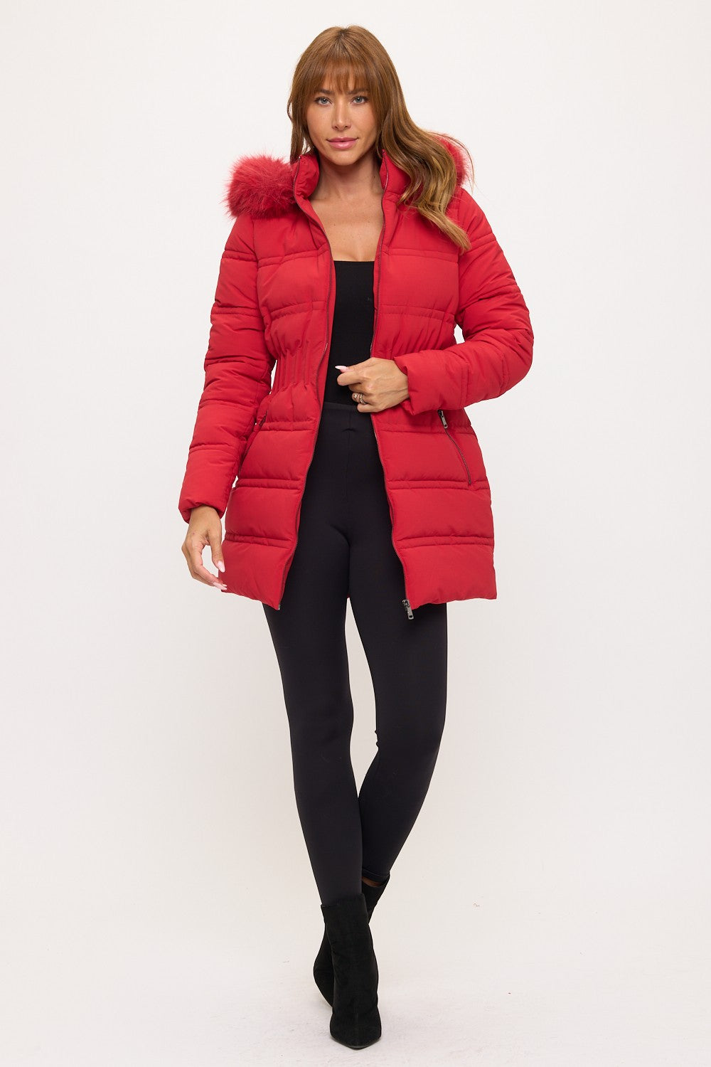 Fitted Puffer Coat - Red