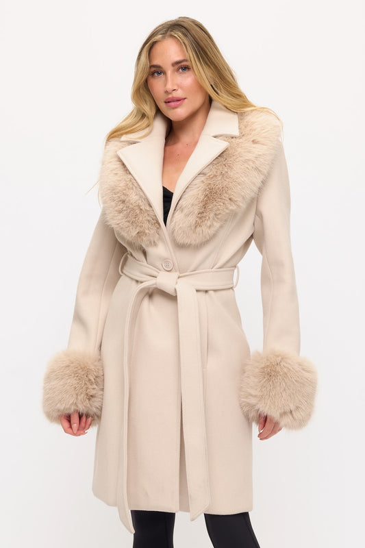 Belted Faux Fur Trim Coat