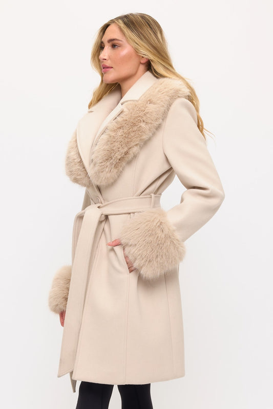 Belted Faux Fur Trim Coat