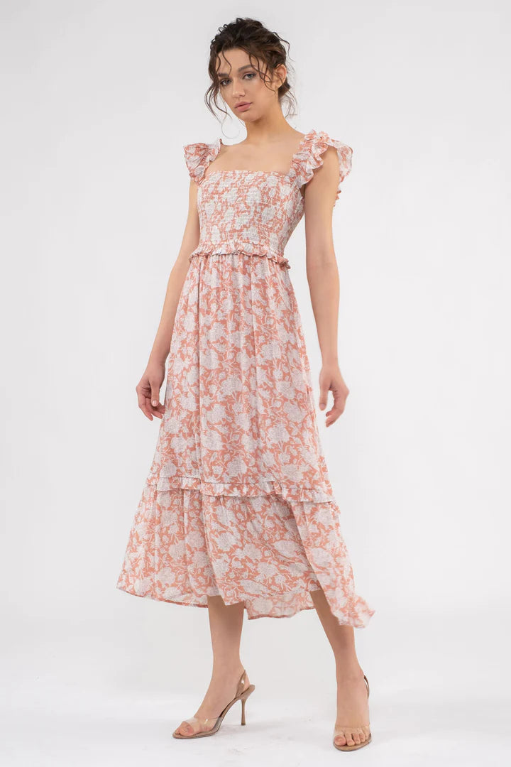 Smocked Square Neckline Midi Dress