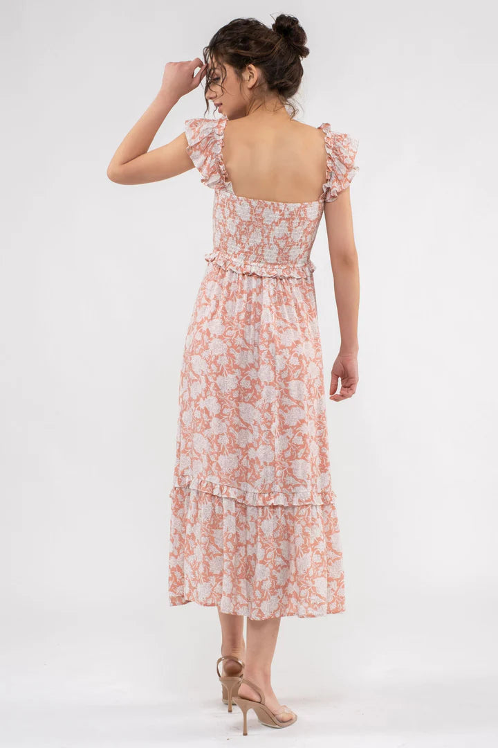 Smocked Square Neckline Midi Dress