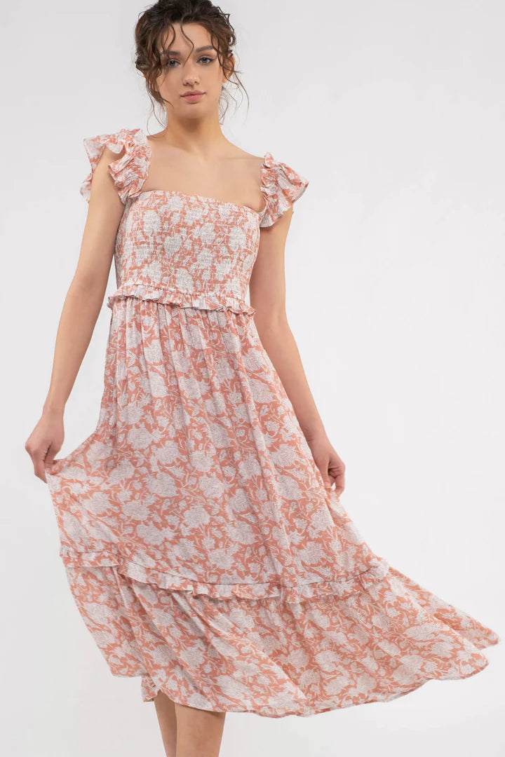 Smocked Square Neckline Midi Dress