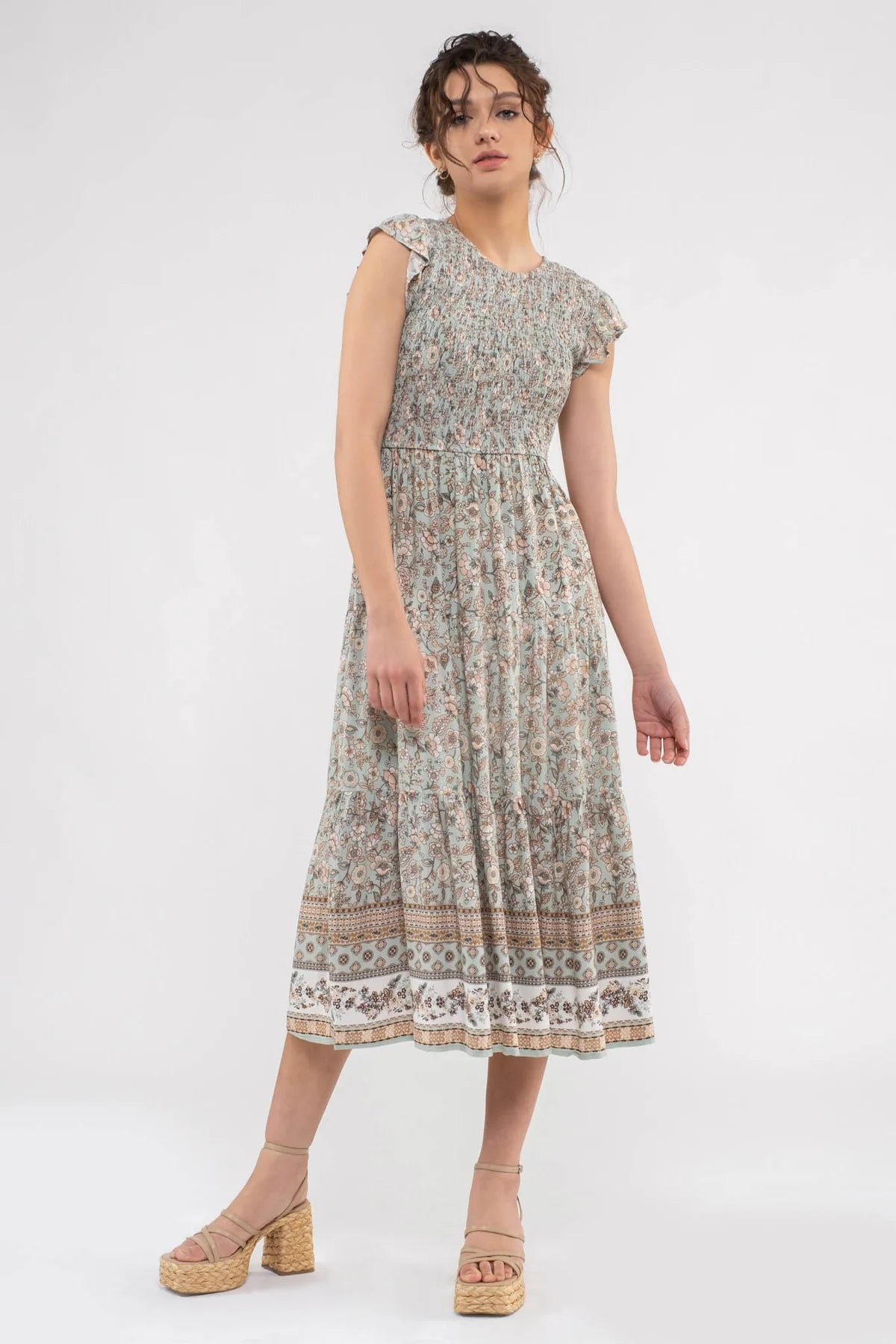 Smocked Floral Border Print Midi Dress