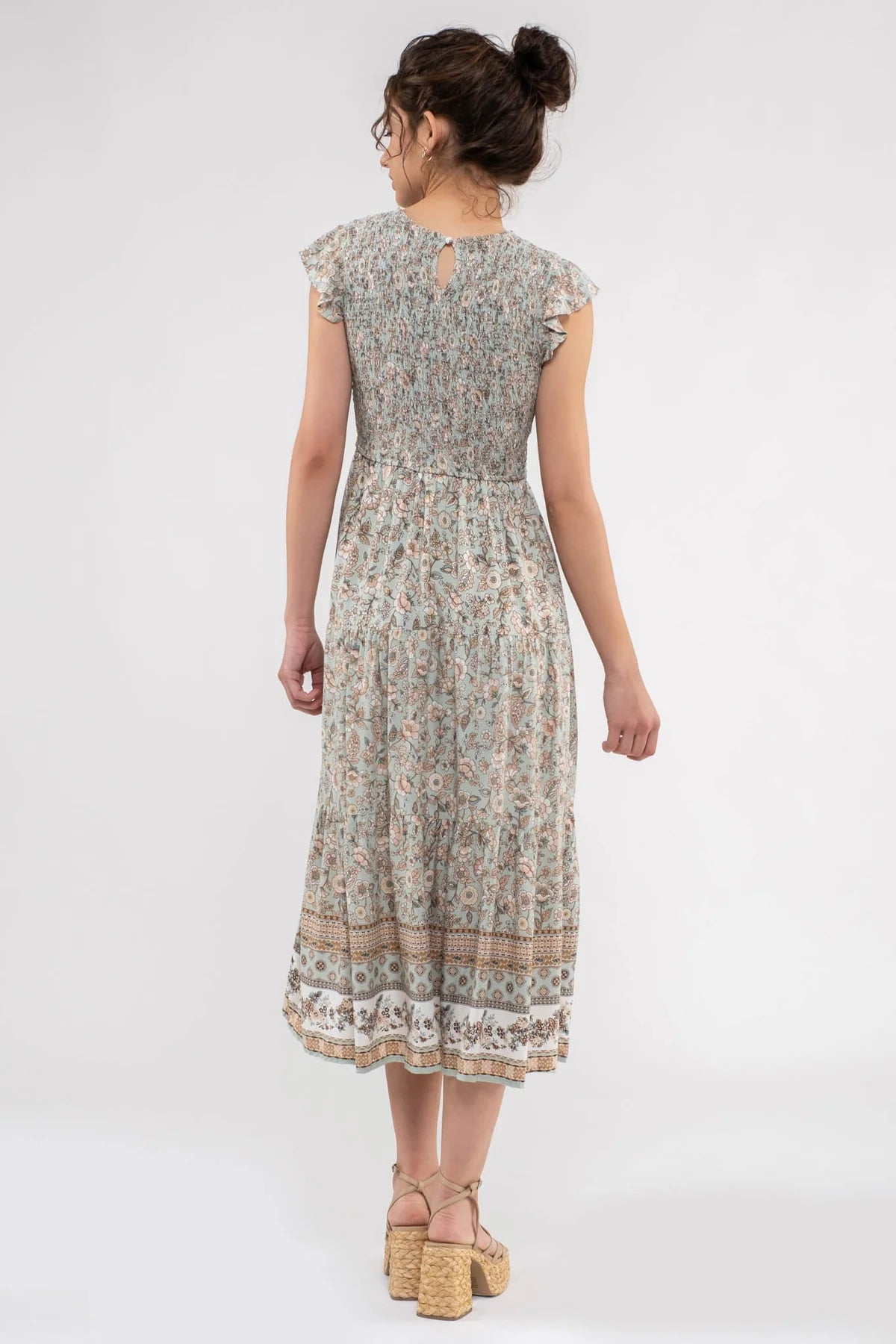 Smocked Floral Border Print Midi Dress