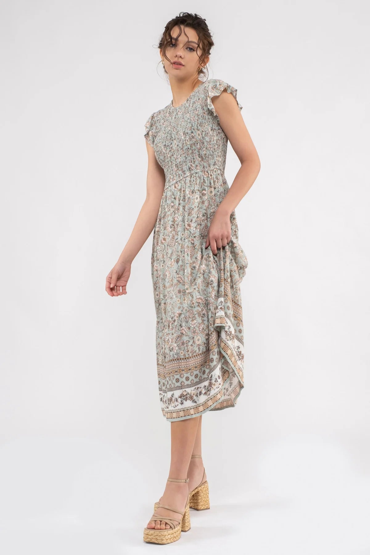 Smocked Floral Border Print Midi Dress