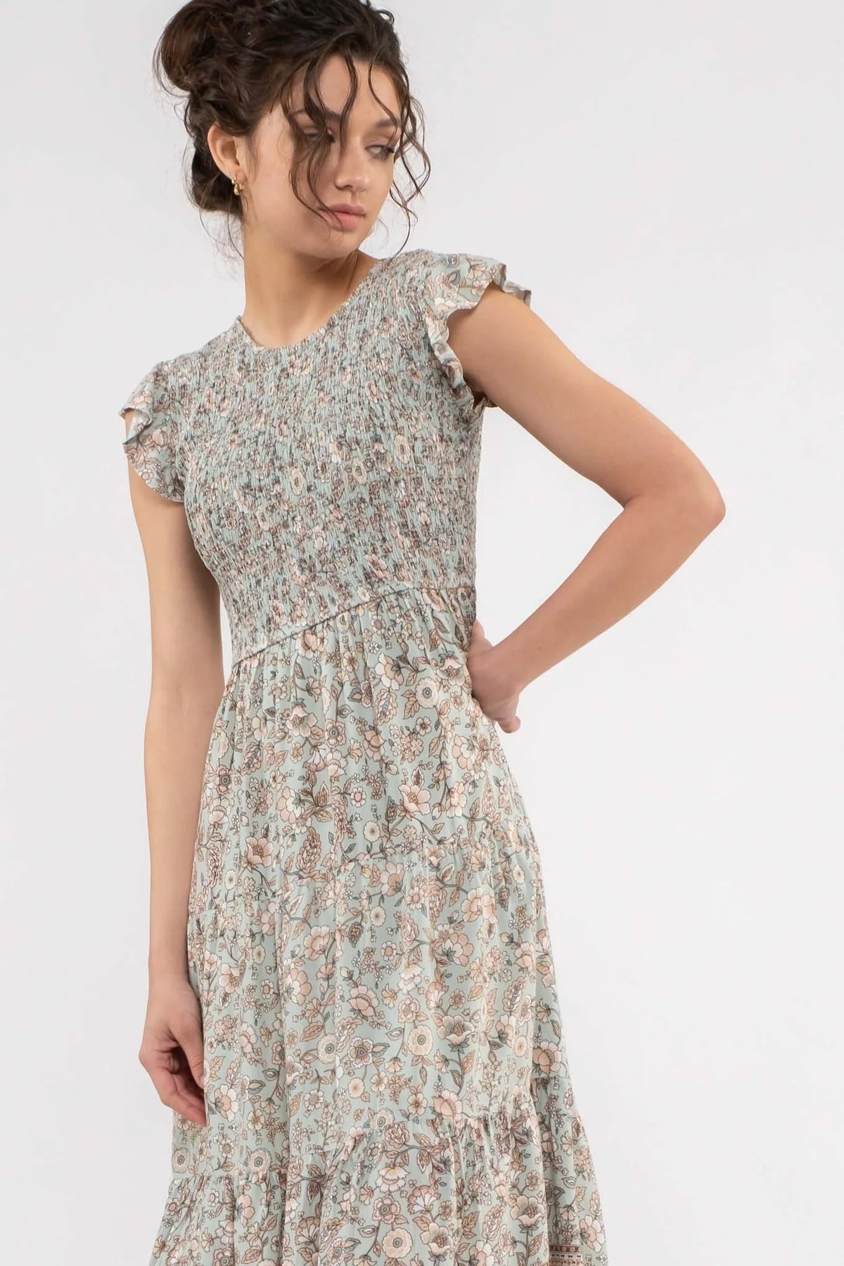 Smocked Floral Border Print Midi Dress