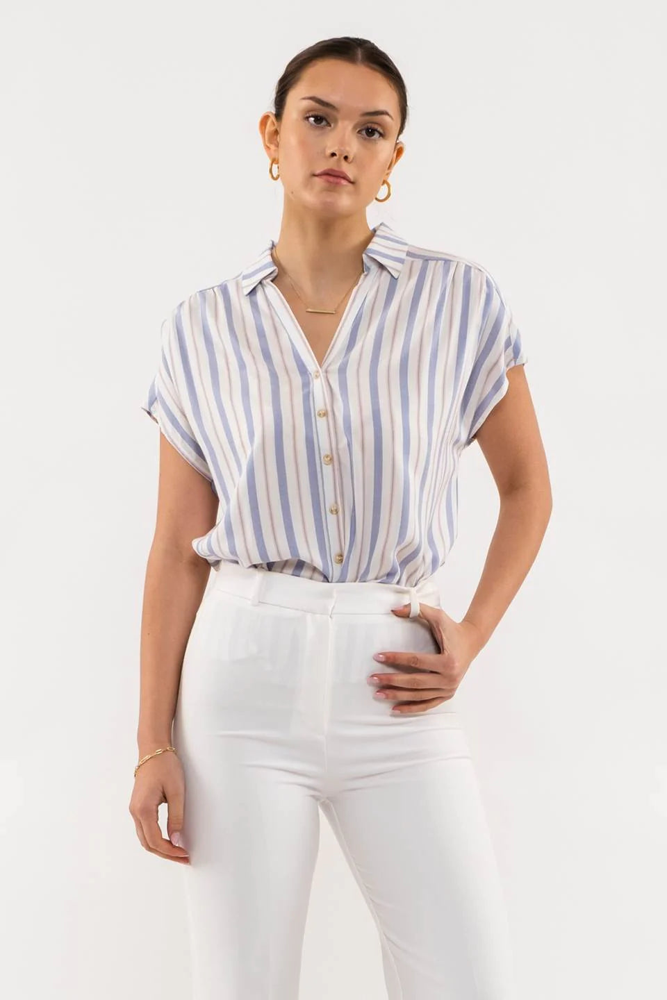 Collared Striped Button Up Top