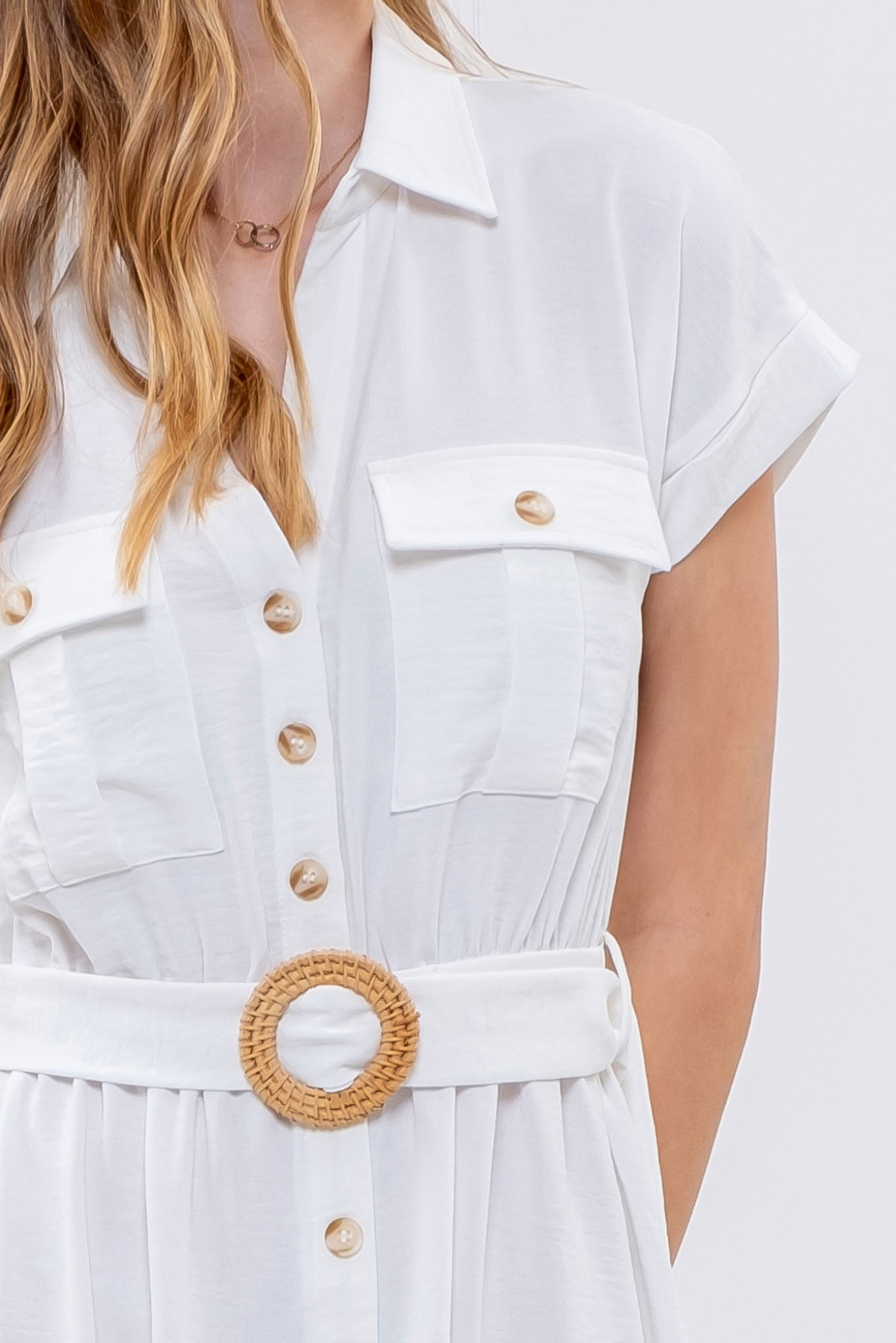 White Belted Button Down Dress