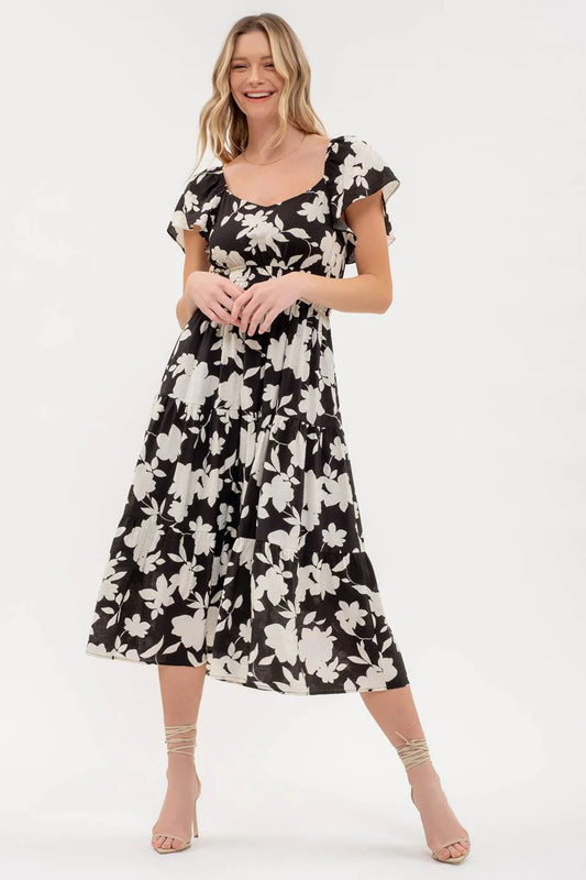 Flounce Sleeve Tiered Floral Dress