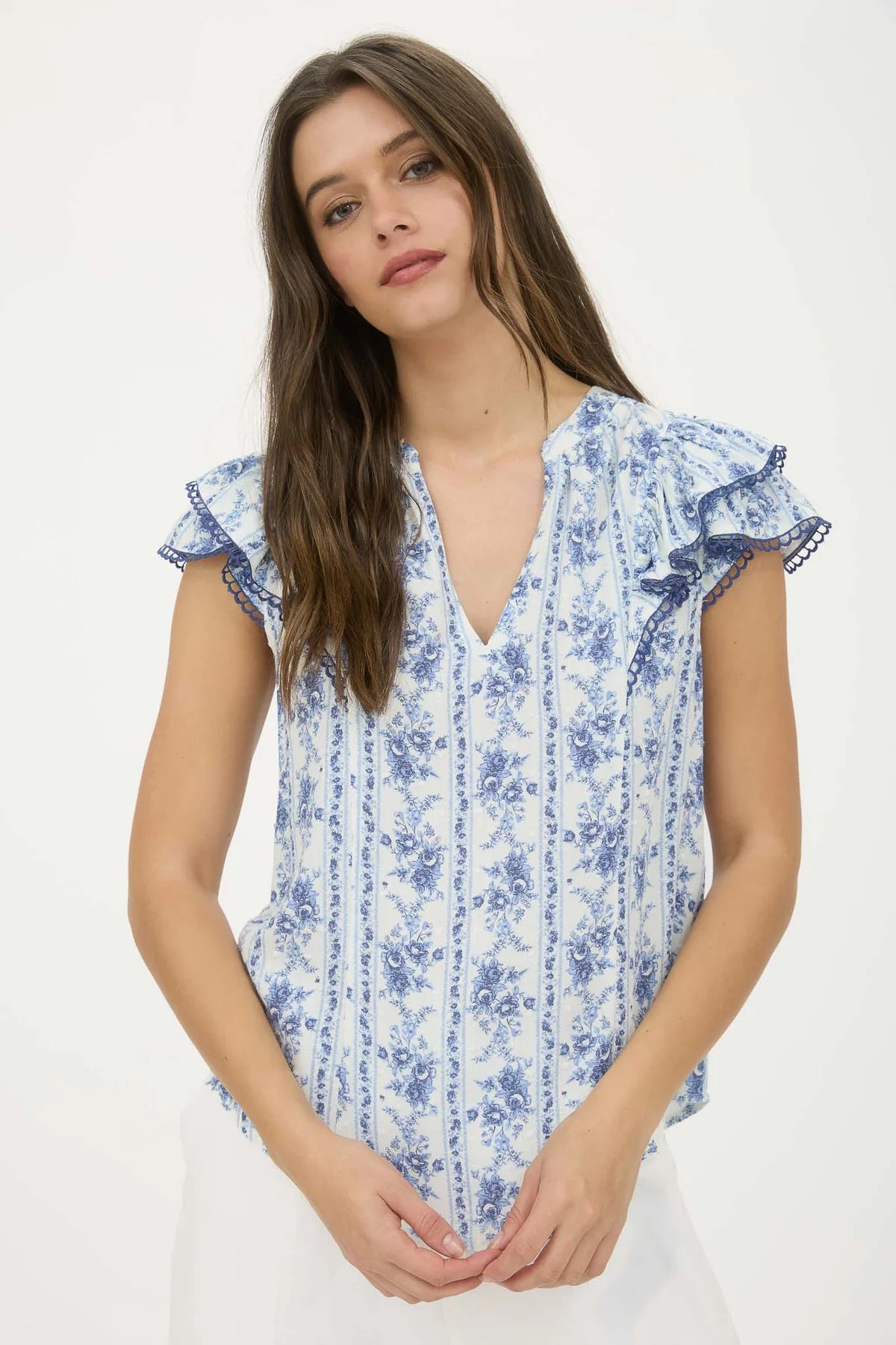 Striped Floral Ruffle Sleeve Top