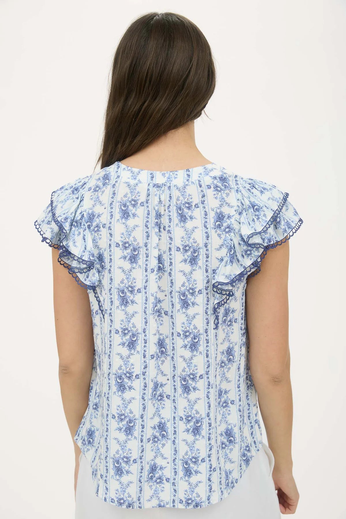 Striped Floral Ruffle Sleeve Top