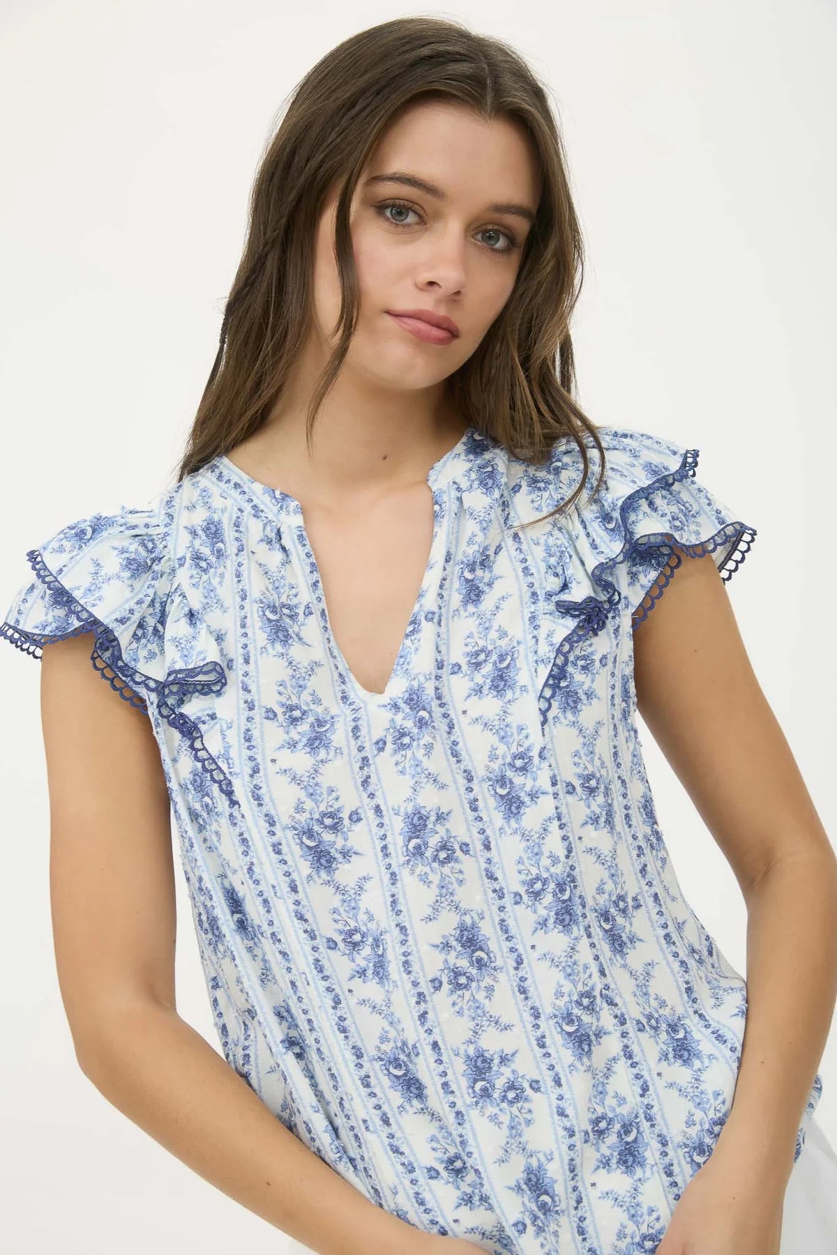 Striped Floral Ruffle Sleeve Top