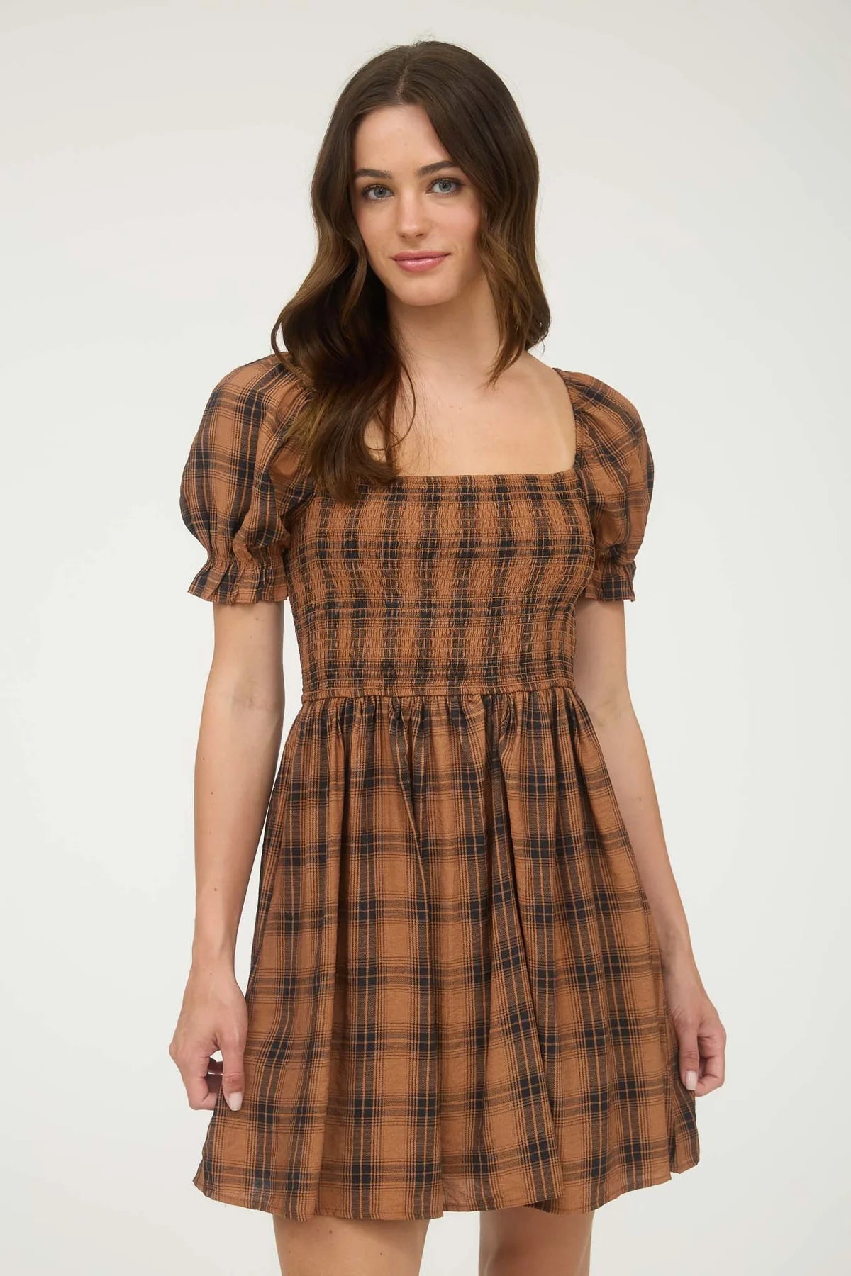 Plaid Puff Sleeve Midi Dress