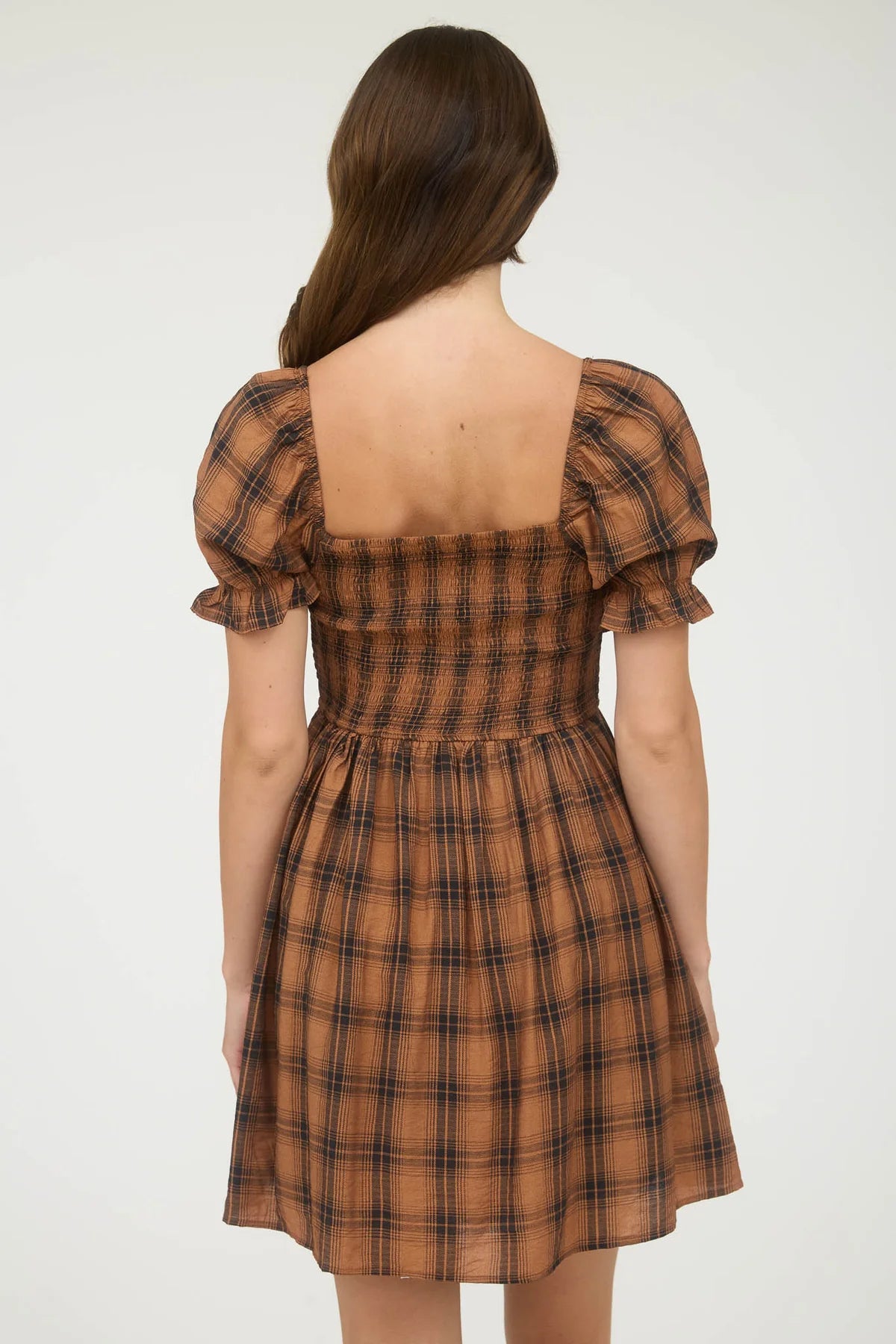 Plaid Puff Sleeve Midi Dress