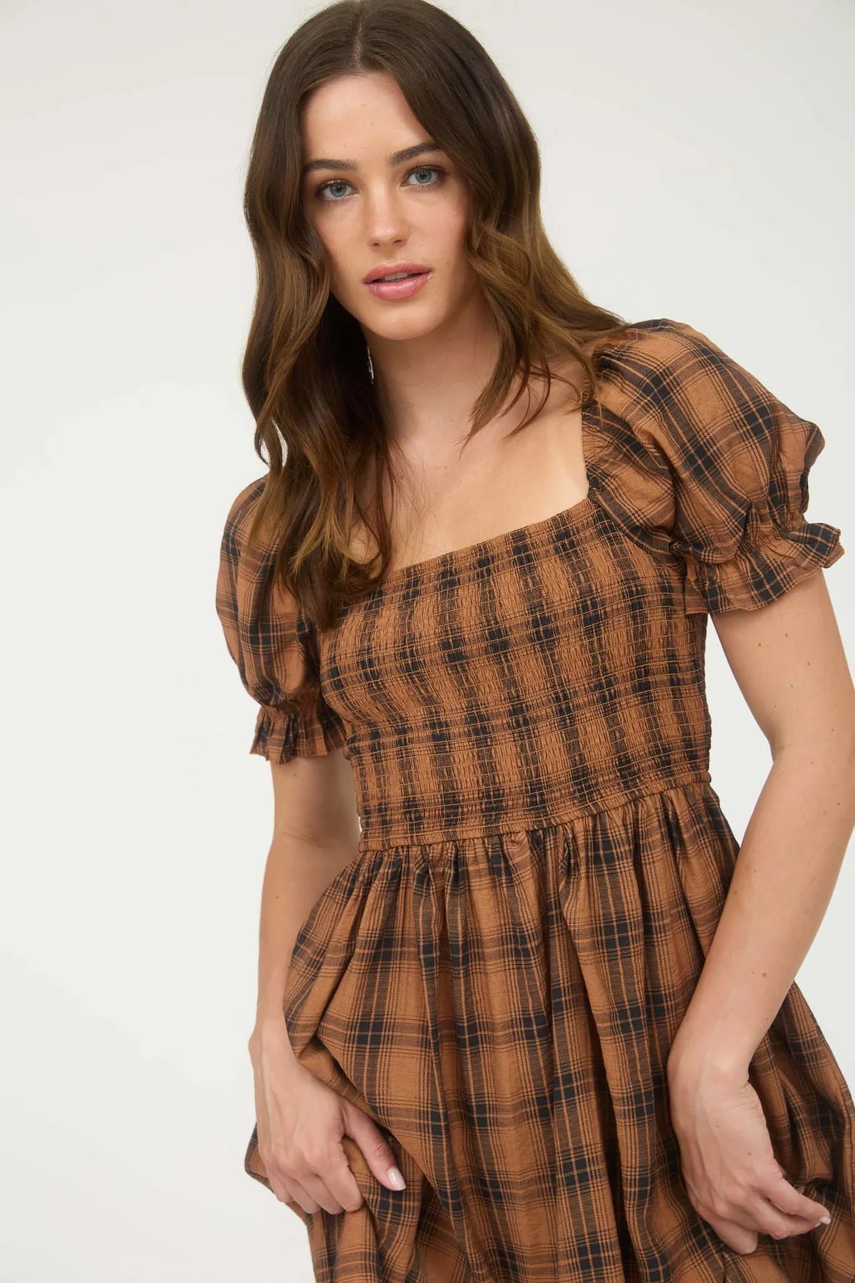 Plaid Puff Sleeve Midi Dress