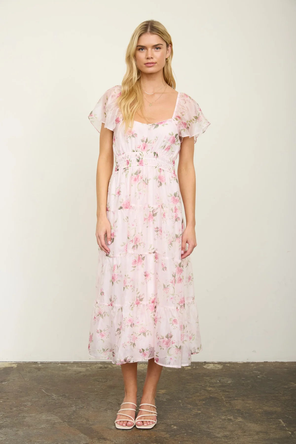 pink floral chiffon midi dress Flowing Floral Chiffon Dress M / PINK