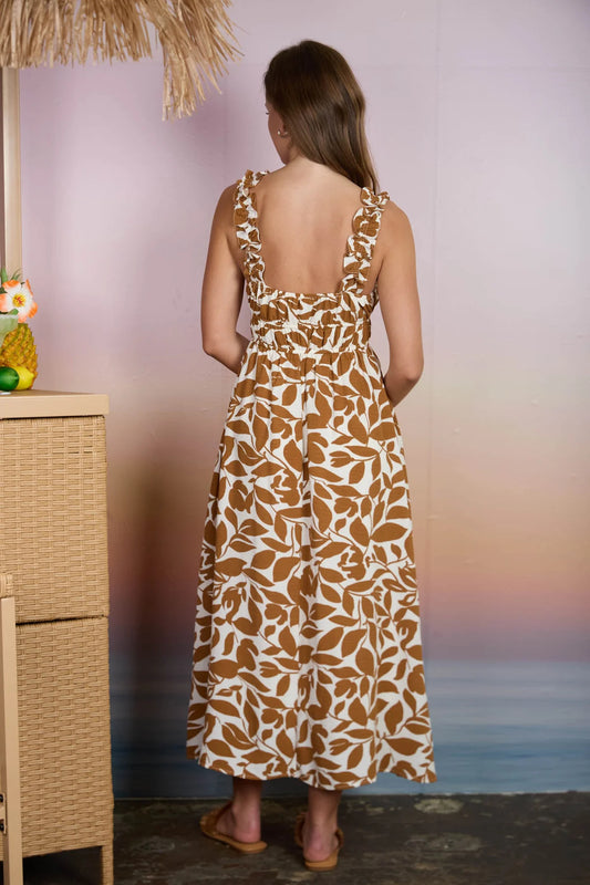 Leaf Print Shirred Dress