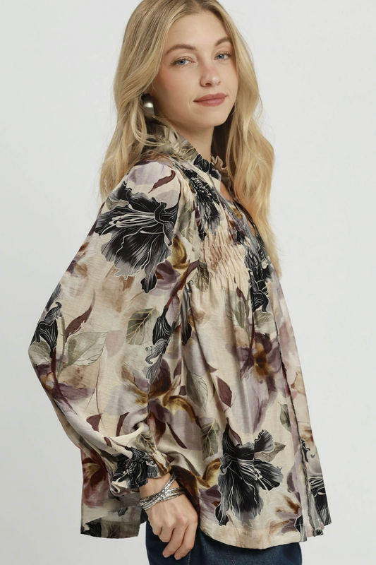 Smocked Floral Button Top