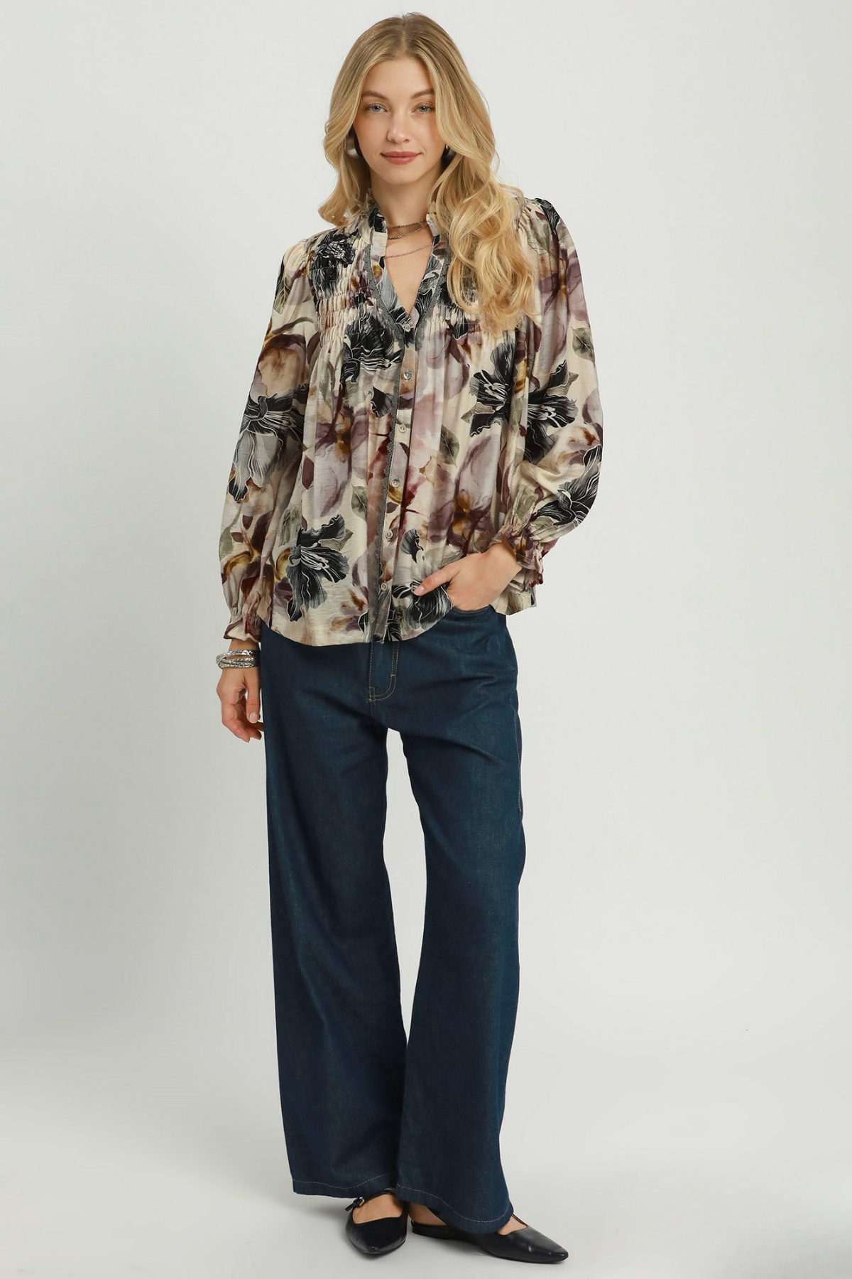 Smocked Floral Button Top
