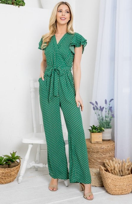 Green Polka Dot Tie Waist Jumpsuit