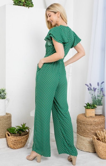 Green Polka Dot Tie Waist Jumpsuit