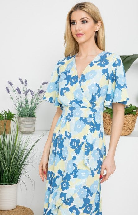 Blue Floral Print Wrap Dress