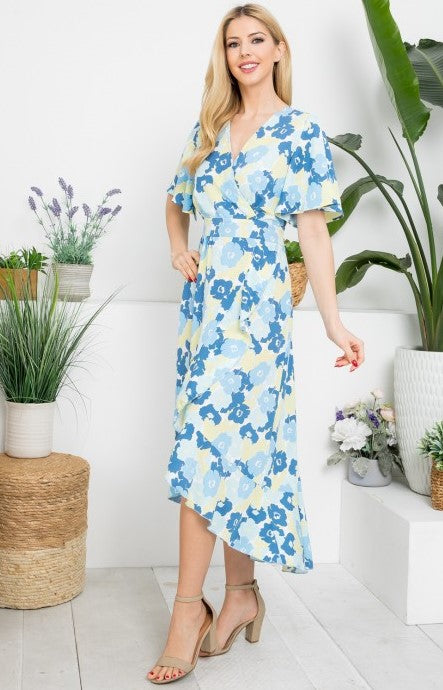 Blue Floral Print Wrap Dress