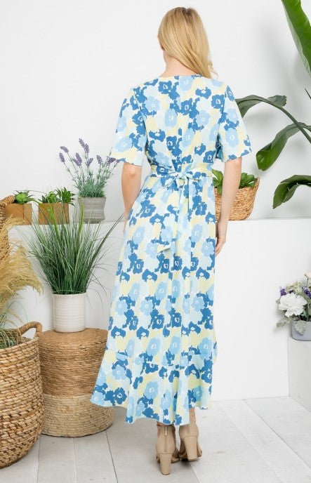Blue Floral Print Wrap Dress