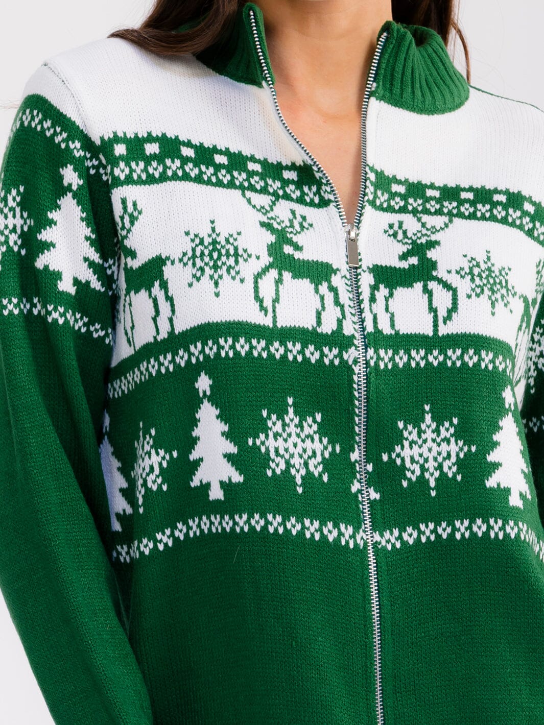 Deer-Tree Zip Sweater - Green