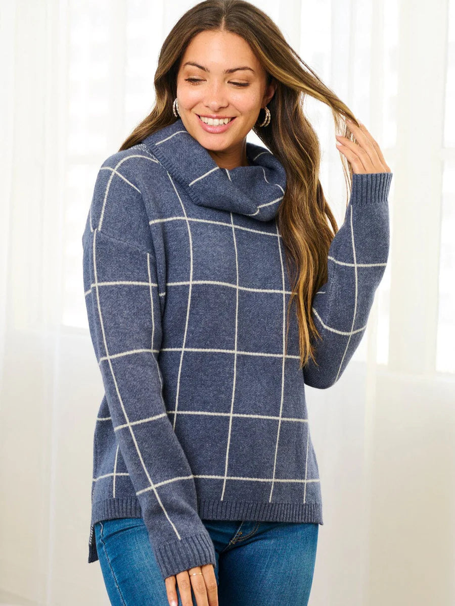 Checkered Turtleneck Sweater - Navy