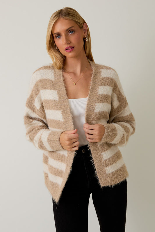 Fuzzy Taupe Stripe Cardigan