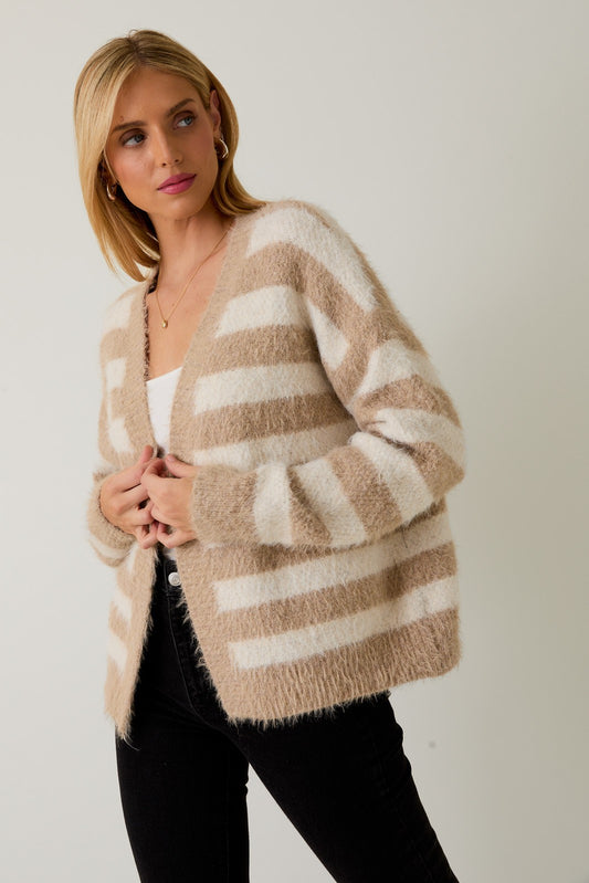 Fuzzy Taupe Stripe Cardigan