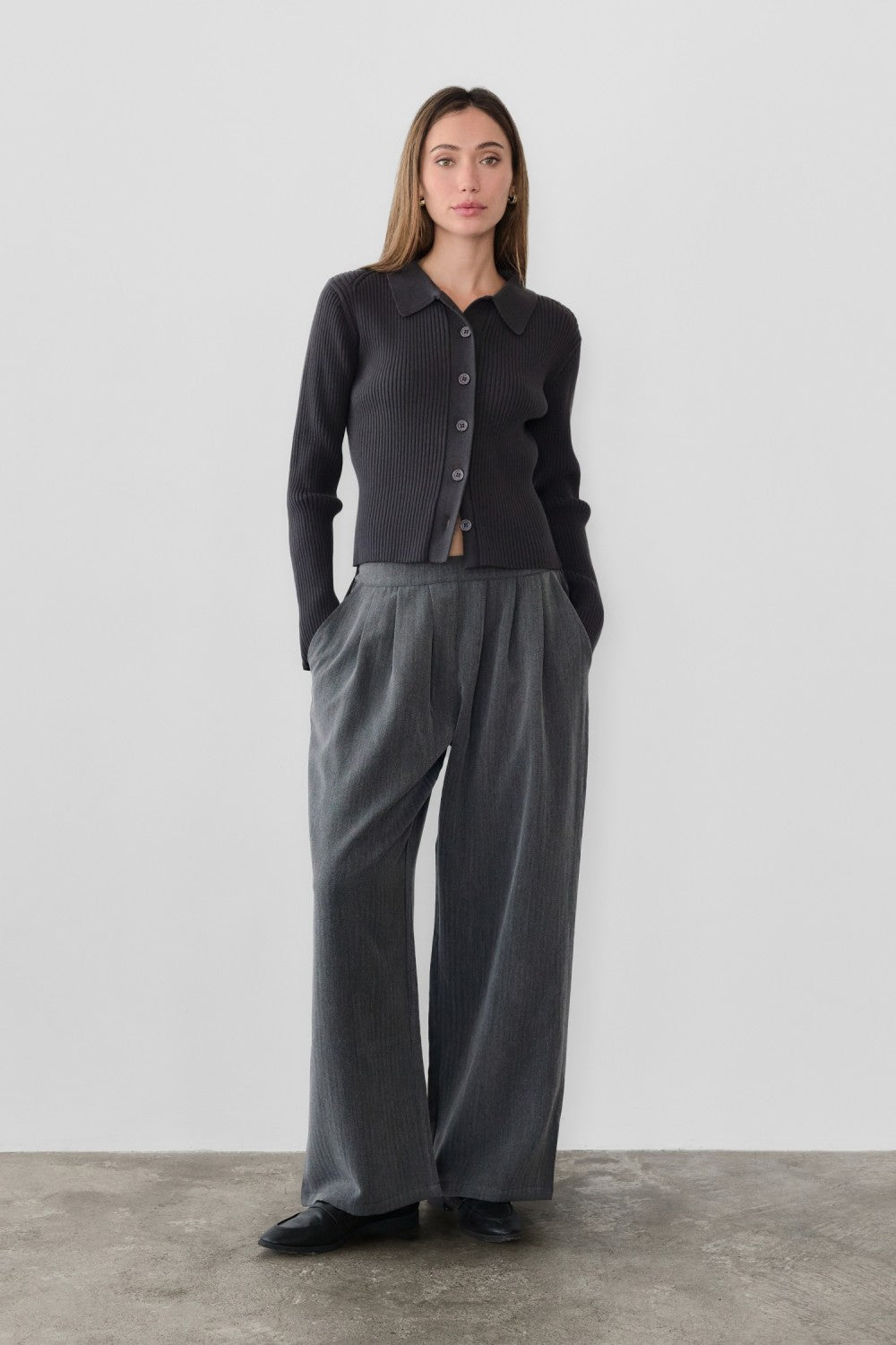 Button Closure Rib Knit Sweater - Charcoal