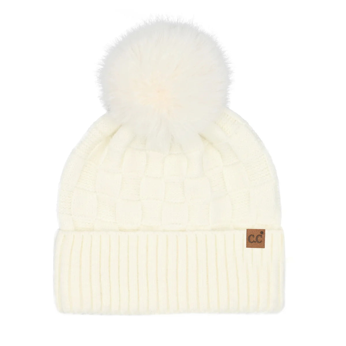 Woven Checkered Pom Pom Beanie - Ivory