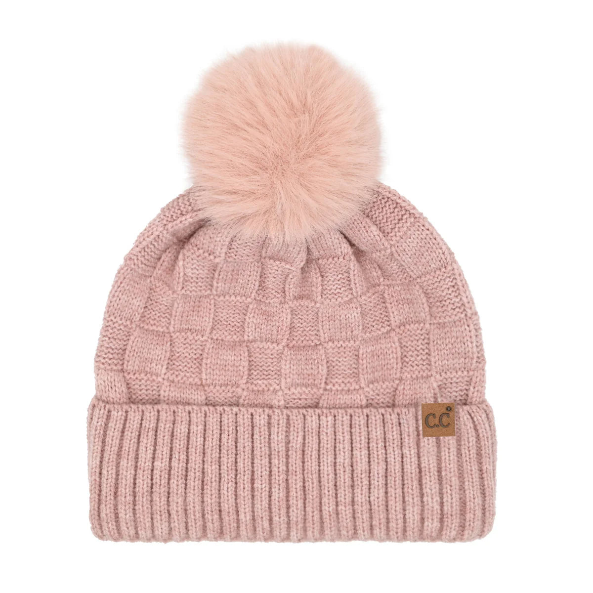 Woven Checkered Pom Pom Beanie - Rose