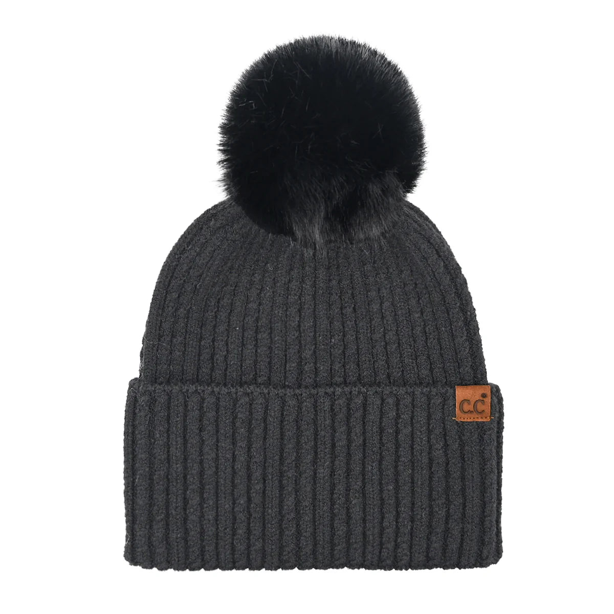 Cable Knit Cuff Pom Pom Hat - Black