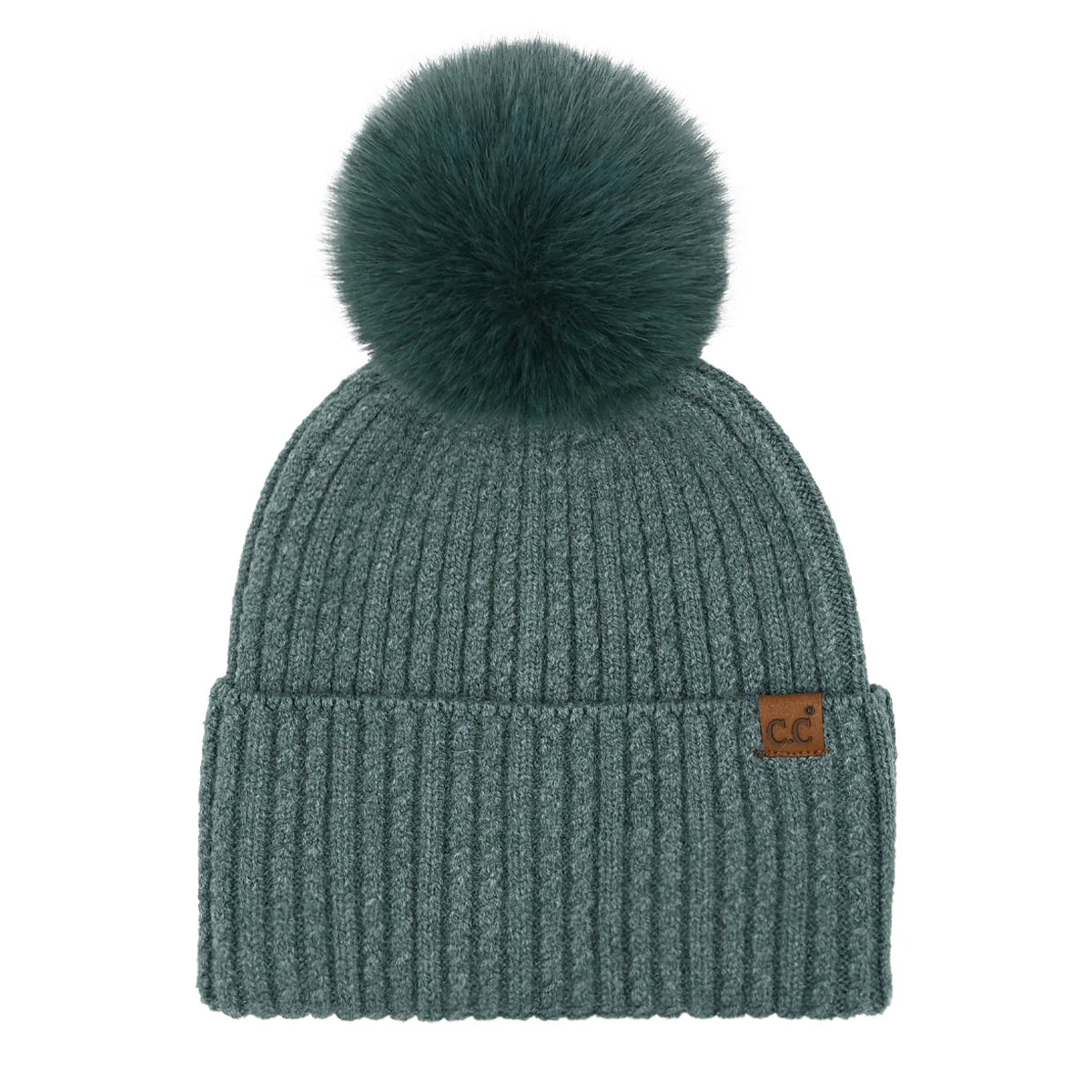 Cable Knit Cuff Pom Pom Hat - Forest Green