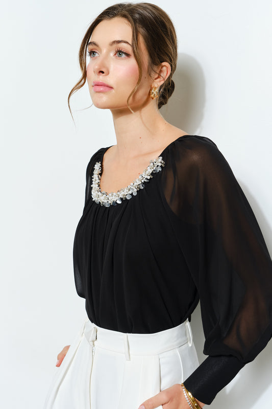 Beaded Collar Sheer Top