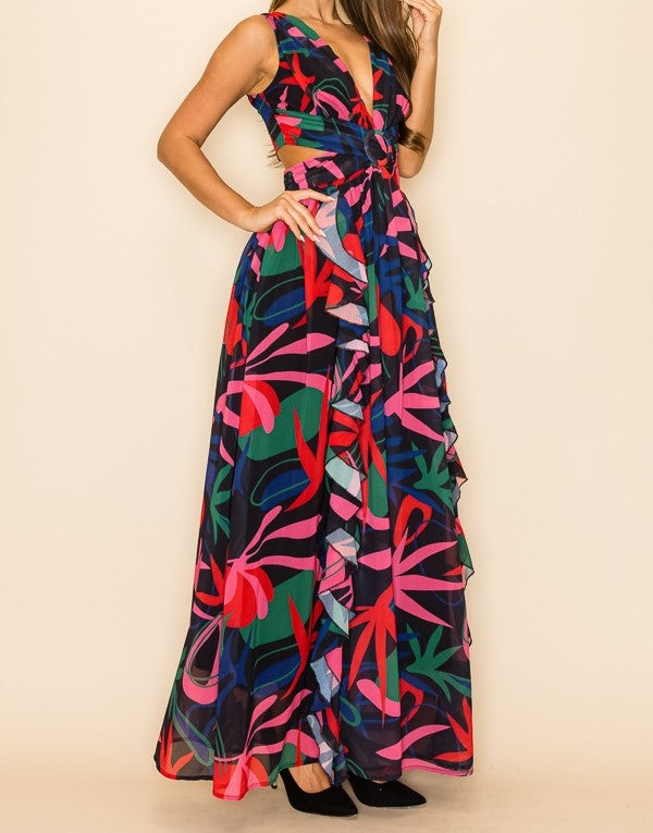 Halter Top Side Slits Floral Dress